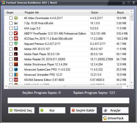 Format Sonrası Katılımsız AIO Programlar 2018 Eylül